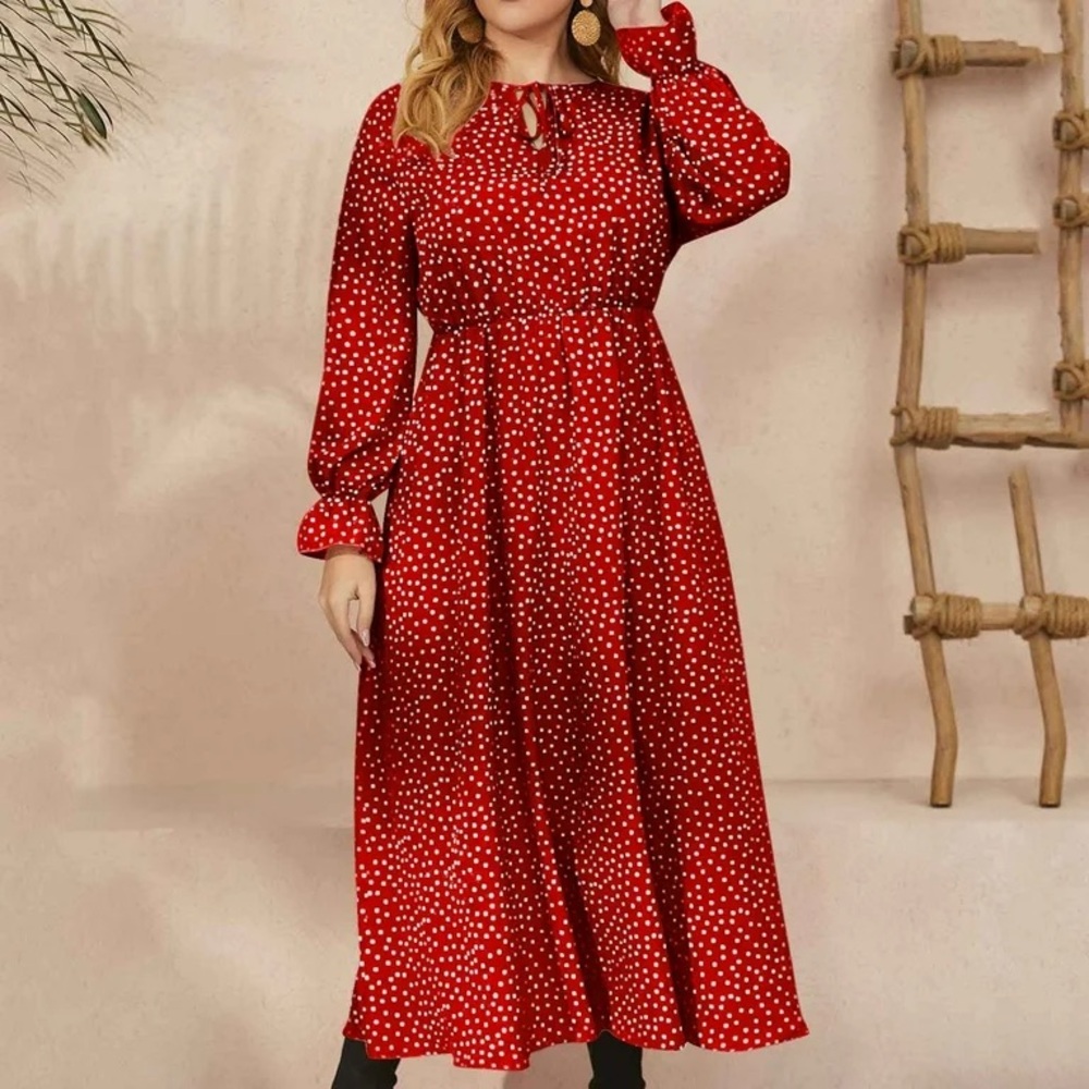 Red Polka Dot Midi Dress – Long Sleeve, Boho Chic, Elegant & Comfortable